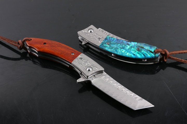 Revenge fighter VG10 Damascus abalone and ebony handle folding knife UD404973